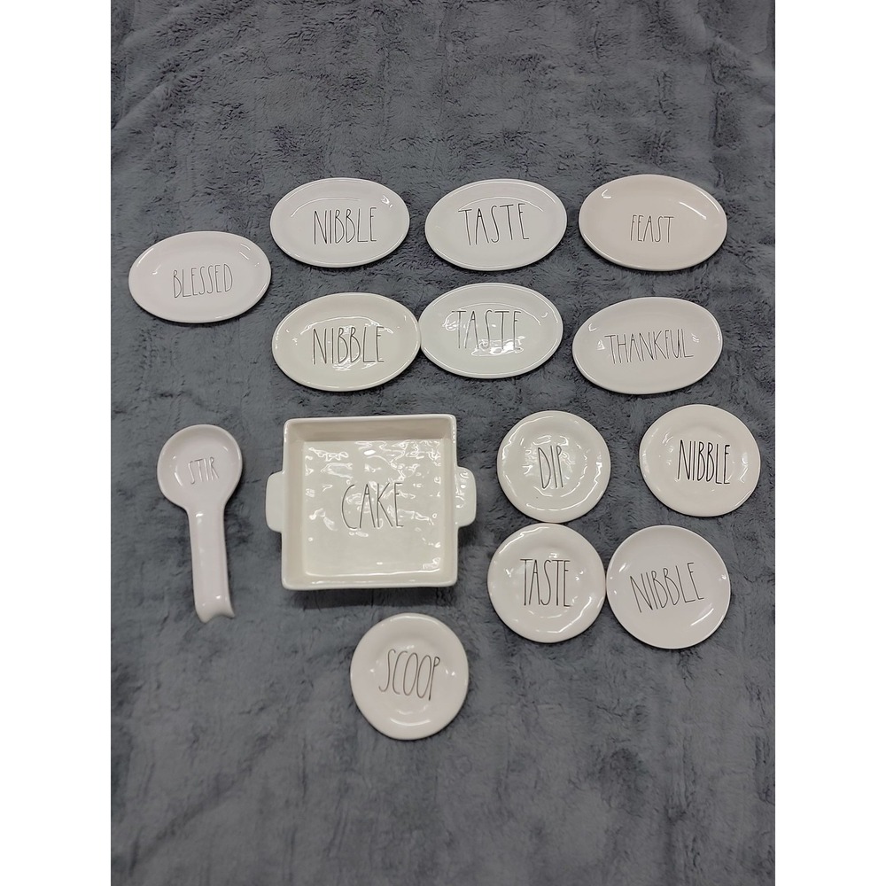 Rae Dunn Artisan Magenta Collection White Stoneware Appetizer Plates Set 14 Pc